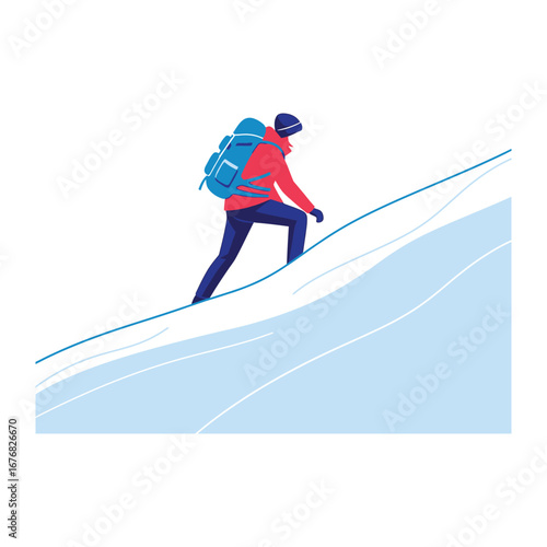 Uphill Journey: A determined hiker ascends a snowy mountain slope, representing resilience and the pursuit of new heights.