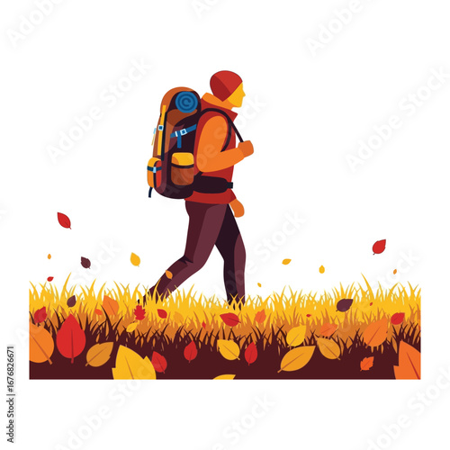 Solitary Trek: A lone adventurer strides through the vibrant tapestry of autumn, their path strewn with falling leaves, evoking a sense of peace, journey, and solitude.