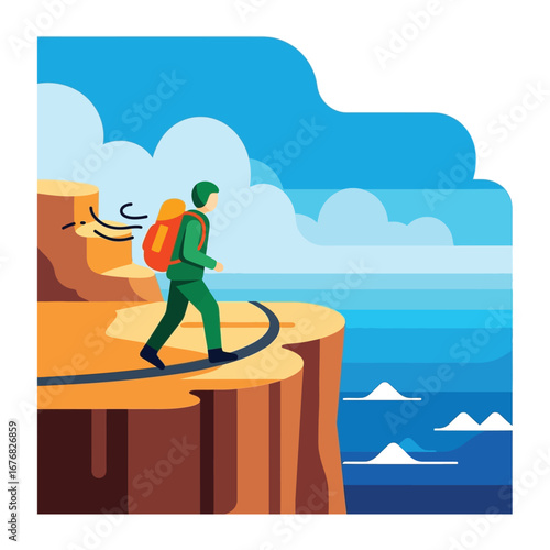 Trailblazing the Horizon: A lone adventurer, backpack in tow, fearlessly treads a narrow path along a towering cliffside, a testament to courage and a thirst for discovery.