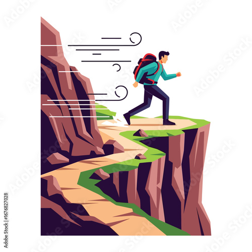 Trekking the Edge: A determined trekker confidently navigates a rugged trail, ascending a high cliff edge, with wind propelling forward motion. 