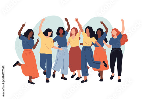 Diverse group of women celebrating unity and empowerment together joyfully