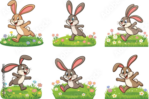 cartoon rabbit illustration, cute bunny character, happy hare in meadow, playful spring animal art, colorful woodland vector design