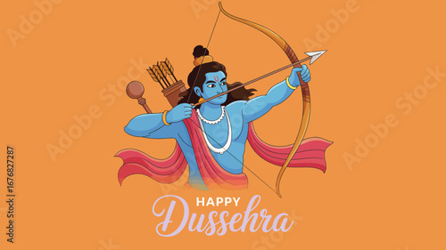 Happy Dussehra illustration of Lord Rama in dynamic pose with bow and arrow, symbolizing valor and victory of good over evil in Hindu mythology