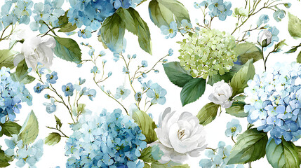Seamless watercolor floral pattern. Hydrangea, myosotis, rose, peony. Blue green white flowers, leaves on white background. Fashion, fabric, wrappers, wallpapers, prints, wedding invitations.