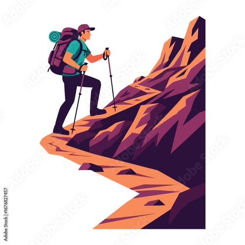 Trekking Adventure: A determined hiker ascends a rocky mountain path, equipped with a backpack and hiking poles, symbolizing exploration, resilience, and the thrill of the journey.