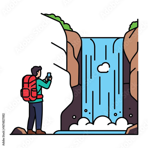 Captured Moments at the Waterfall: A single person captures the grandeur of a waterfall on their mobile phone, the majesty of nature and the moment itself frozen forever. 