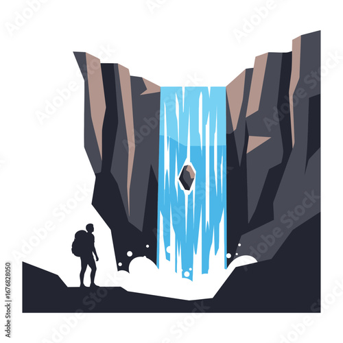 Exploring the Cascades: A solitary figure stands in awe before a majestic waterfall, contemplating the grandeur of nature, the clean lines of the illustration capture the scale and the power.