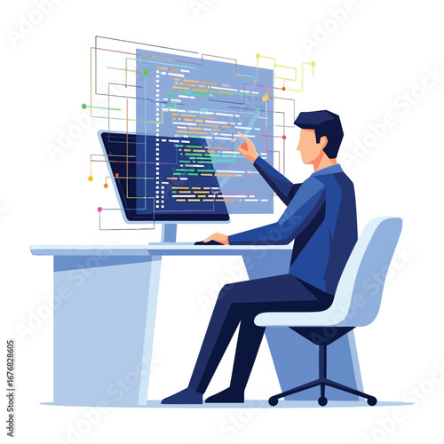 Digital Architect: A skilled professional meticulously crafts a digital interface, immersed in lines of code, bringing technological innovation to life.