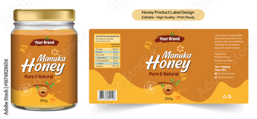 Manuka honey jar label design with editable vector print ready file and 3D mockup illustration. Pure and natural organic honey label packaging design