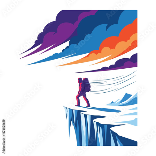 Summit's Call: Witness an intrepid explorer, silhouetted against a vibrant, stylized landscape, embracing the challenge of a snowy peak under an animated, colorful sky.