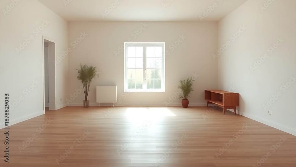 Fototapeta premium Minimalist mid-century modern living space with wooden floors and soft natural light from a window.