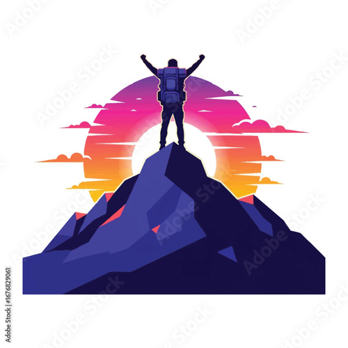 Summit Triumph: A silhouette of a triumphant hiker atop a mountain peak against a vibrant sunset sky, embodying the spirit of adventure, challenge, and accomplishment. 