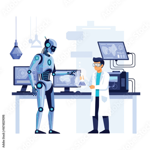 Science of Robotics: A scientist and a sleek robot in a modern laboratory. Analyzing a lab experiment, epitomizing the synergy of human innovation and advanced technology. 
