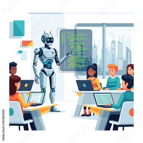 AI Mentor in Classroom: A cutting-edge AI mentor leads a dynamic lesson, engaging with students in a modern, tech-driven classroom, showcasing the future of education.