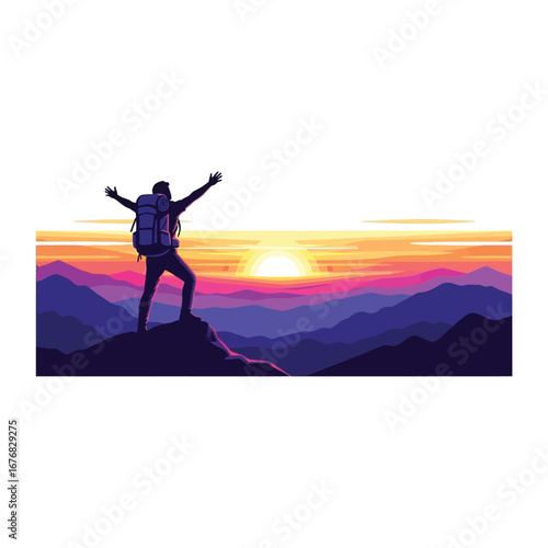 Peak of Triumph: A silhouette of a triumphant hiker, arms wide, stands atop a mountain, illuminated by the breathtaking sunrise. Evoking feelings of achievement and the majesty of nature.