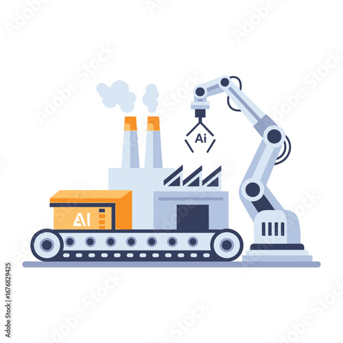 AI-Powered Manufacturing: Depicting a cutting-edge factory, where intelligent robotics, powered by artificial intelligence, revolutionize production, automation and efficiency.