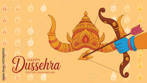 Stylized Dussehra illustration with Ravana crown and bow aiming hand, symbolic artwork representing Lord Rama’s victory over evil forces