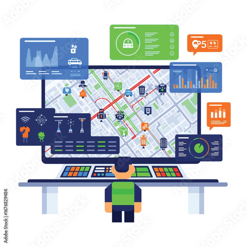 Digital Data and Analysis: In a modern, sophisticated control center, an individual intensely monitors an expansive screen. The screen is alive with detailed maps, intricate data visualizations.