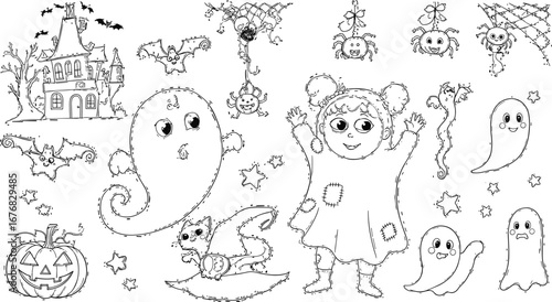 Halloween set with ghosts, masked girl, house, bats, spiders
