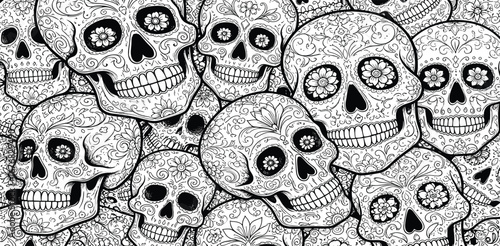Pattern of colorful sugar skulls with decorative floral elements. Isolated on transparent background