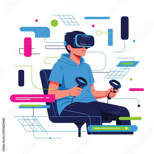 Immersed in Virtual Reality: A person fully immersed in the virtual reality, using a VR headset, exploring a digital world, capturing the essence of cutting-edge tech, futuristic exploration.