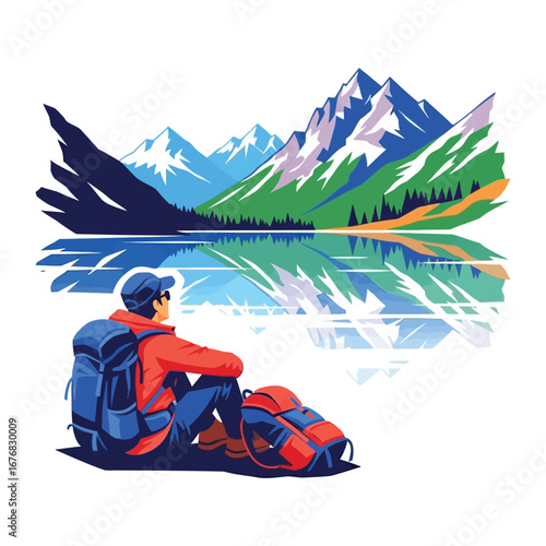 Man Contemplating Mountain Landscape: A solo traveler takes a serene moment to absorb the majesty of a mountain range reflected in a calm lake, embodying the spirit of adventure and solitude. 