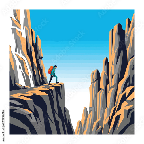 Conquering Heights: An adventurer stands on the edge of a breathtaking vista between two majestic rock formations, a vibrant illustration of determination and the thrill of exploration. 