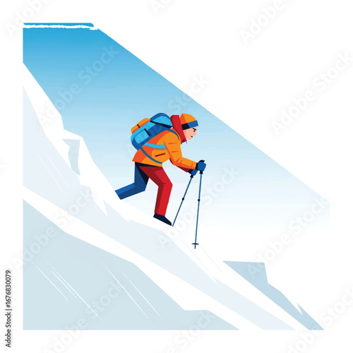 Adventurer Descending a Snowy Slope: Witness a lone adventurer, with determined focus, navigating a treacherous snowy slope with expert precision.