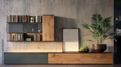 Minimalist wooden bookcase with organized books, decorative frame, lush green plant,small grass pot on warm wooden background. Cozy modern home office decor and stylish zoom background interior design