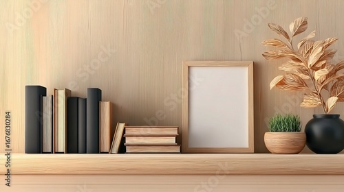 Minimalist wooden bookcase with organized books, decorative frame, lush green plant,small grass pot on warm wooden background. Cozy modern home office decor and stylish zoom background interior design