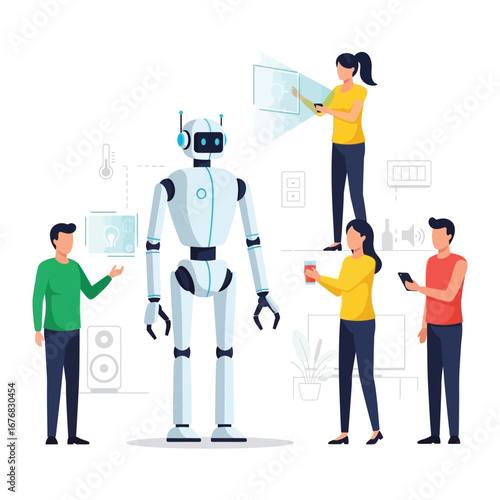 The Dawn of Innovation: Illustrative representation of people interacting and collaborating with a cutting-edge humanoid robot, symbolizing advancements in technology.