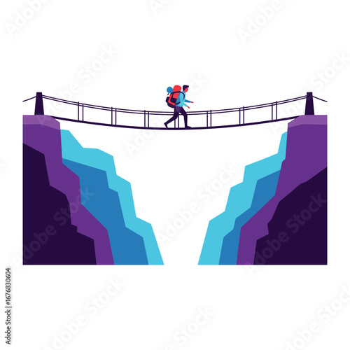 Bridging the Divide: A solitary hiker ventures courageously across a suspension bridge, bridging a vast chasm, illustrating themes of overcoming challenges, travel.