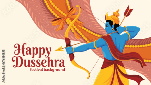 Lord Rama illustration in yellow dhoti and crown aiming bow and arrow, festive Dussehra artwork with flowing fabric and floral background