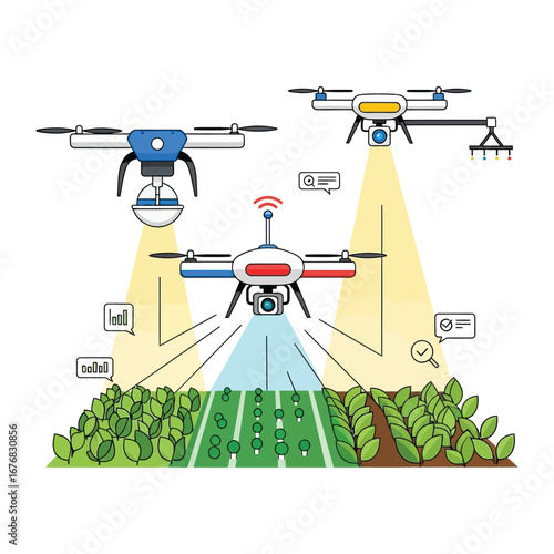 Aerial Technology in Cultivation: Modern drones equipped with advanced sensors and tools meticulously survey and support agricultural fields, illustrating the innovation and efficiency in agriculture.