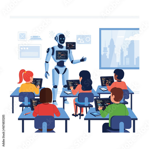 AI Robot in Classroom: Illustrative scene of students with a humanoid robot assistant learning.