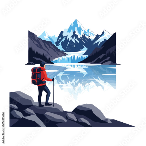 Journey to the Summit: A determined hiker stands atop a rocky precipice, gazing at a majestic mountain vista and its reflection in a serene lake, embracing the spirit of adventure and exploration.