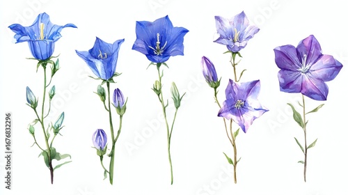 Watercolor floral set, bell flowers. Hand drawn illustration of houseplant isolated on white background.