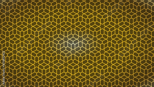 Gold Geometric Pattern Seamless features a repeating hexagonal geometric pattern with a shiny gold hue, creating the illusion of 3D cubes and stars, giving a luxurious, elegant and symmetrical impress