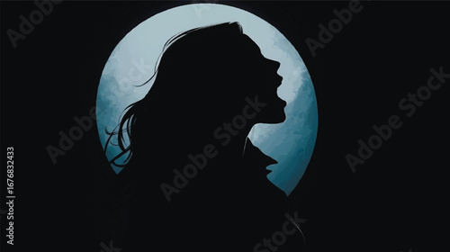 A woman's silhouette howling at the night sky and moon.
