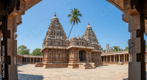 Ancient hindu temple with intricate carvings and a palm tree in the courtyard