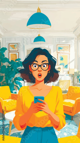 Illustration of a surprised woman reading news on her phone.