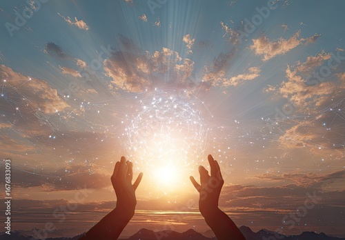 Silhouetted hands reaching for a glowing network sphere at sunrise