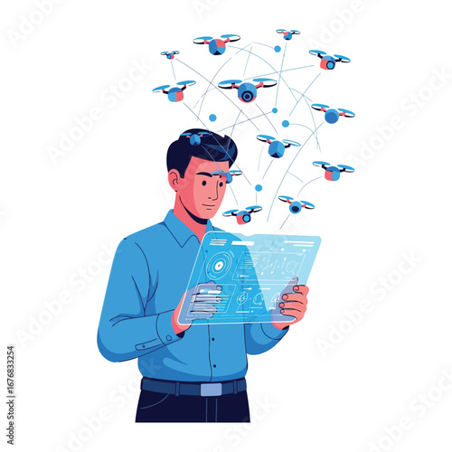 Drone Operations and Digital Interface: An individual intently monitors and manages multiple aerial drones, their gaze focused on the glowing digital interface.