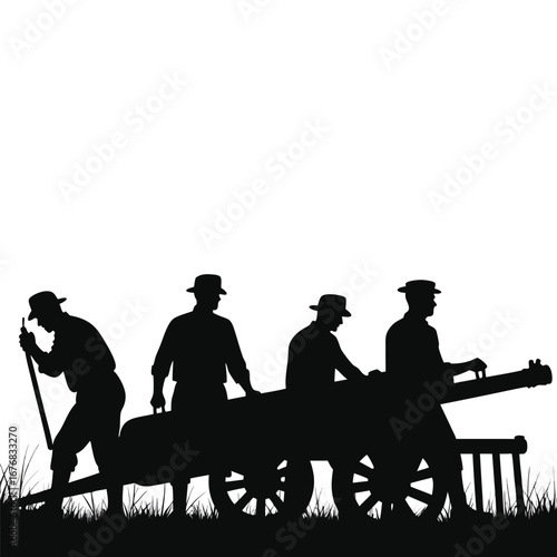 Four men in hats silhouette pushing a cannon people