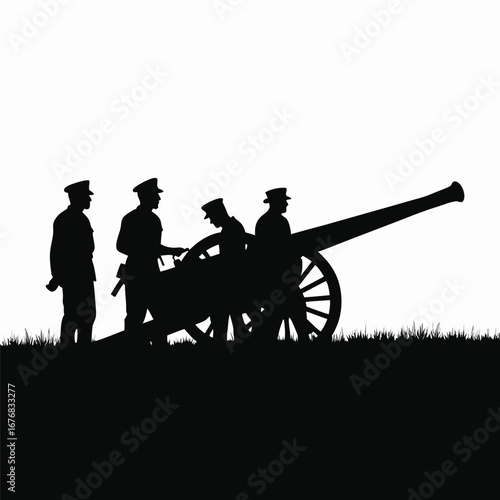 Silhouette of soldiers operating a cannon on grassy field