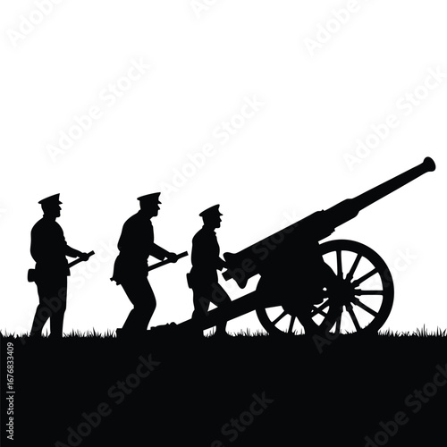 Silhouette of soldiers operating an artillery cannon