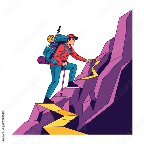 Journey's Ascent: An adventurous hiker ascends a rugged mountain trail, embarking on a challenging yet rewarding outdoor expedition in search of new perspective.