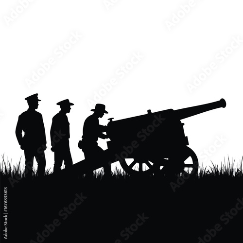 Silhouette soldiers operating artillery cannon in grass