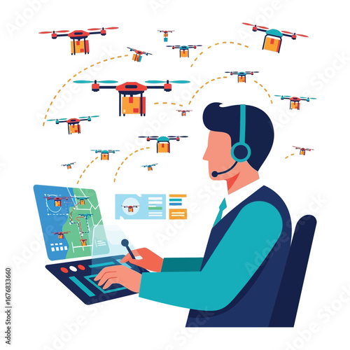 Drone Logistics Controller: A detailed illustration shows a control center operator using advanced technology to manage and guide a fleet of delivery drones.