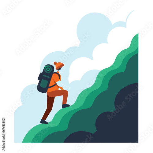 Ascending Mountain: A determined climber, geared up with a backpack, steadily conquers a steep mountain, reaching for the sky in a vibrant.